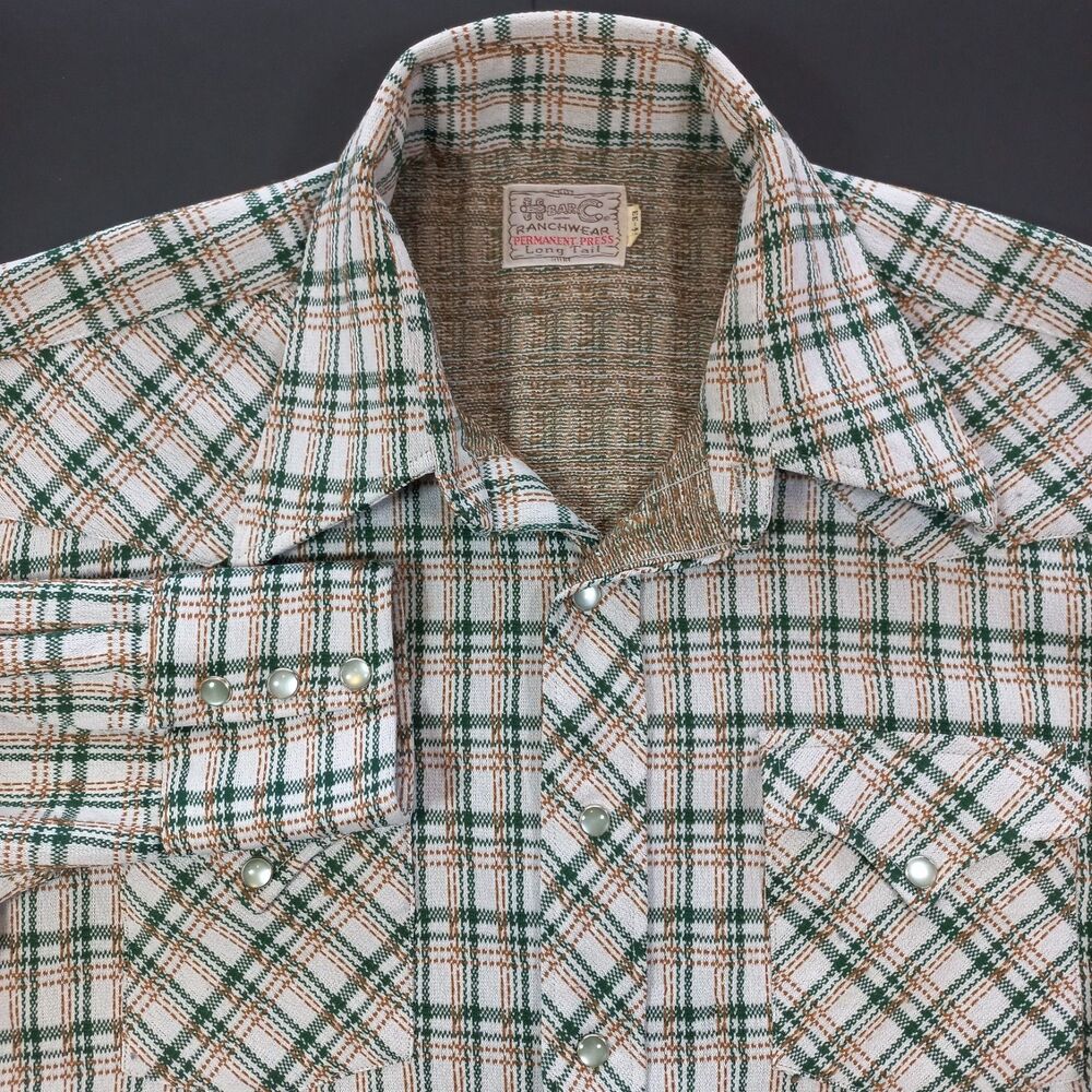 Vintage 70s H Bar C Western Shirt Mens 16.5 33 Pearl Snap Plaid Long Tail USA
